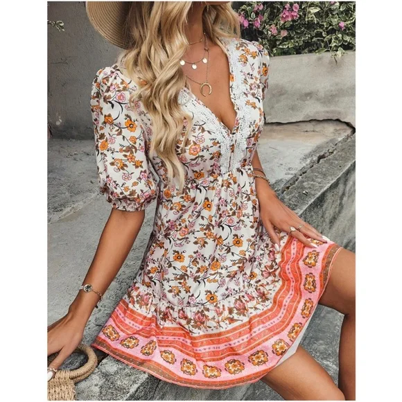 Bohemian Orange Floral Print Lace Puff Sleeve Mini Dress - Picture 5 of 5